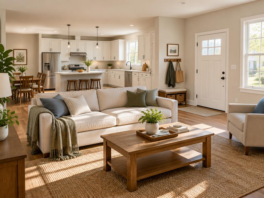 Bright, well-maintained living room and kitchen